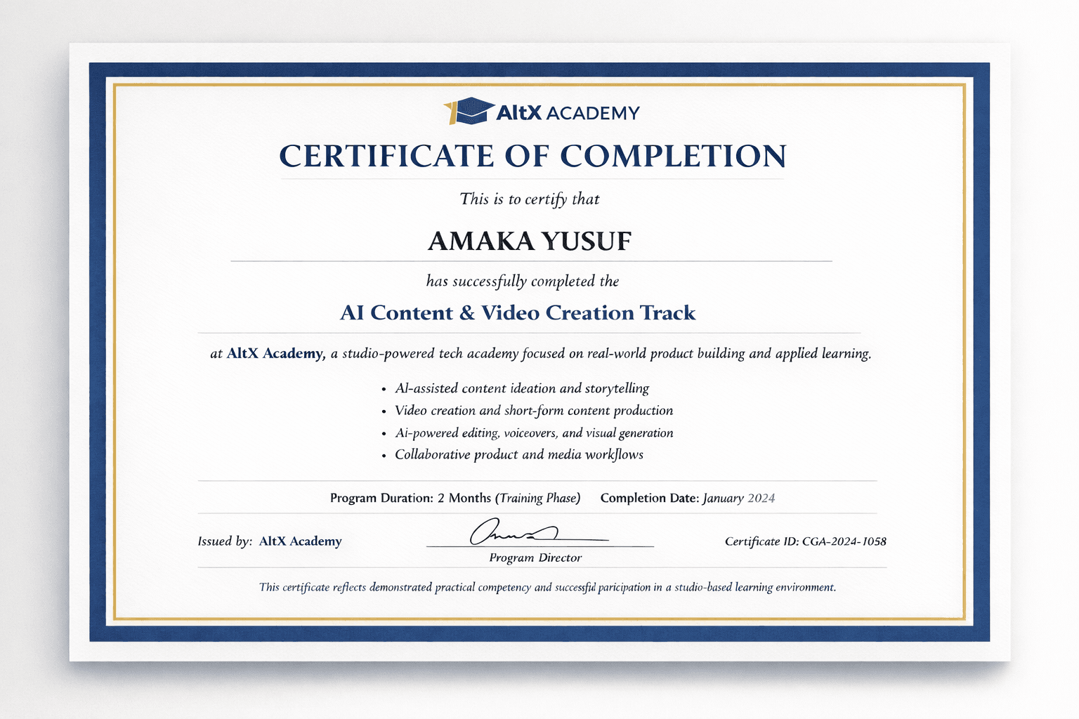 Studio Certificate of Completion